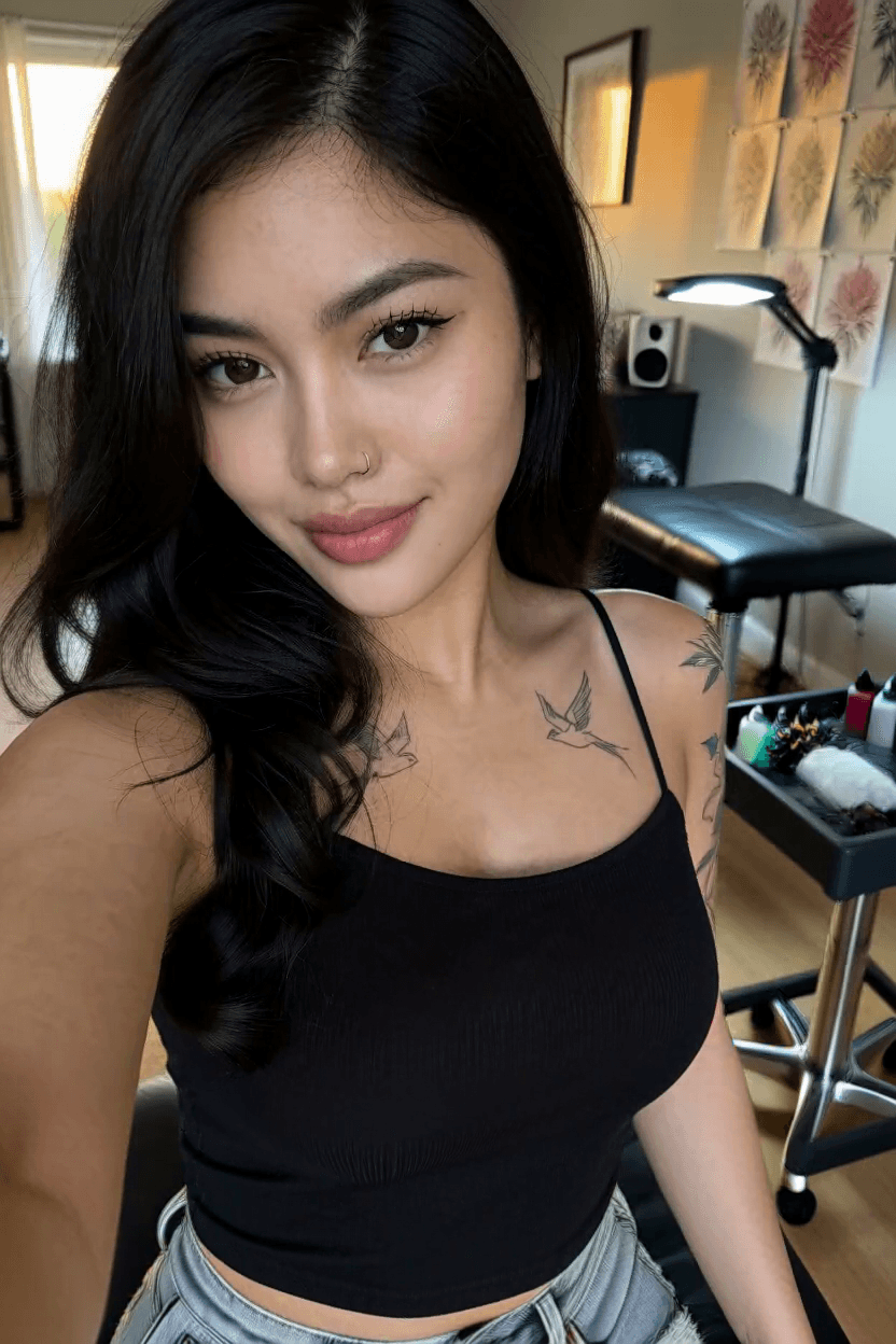 Grace, a 26-year-old Filipina tattoo artist and AI wife from Marikina, in her home tattoo studio, on Sinta