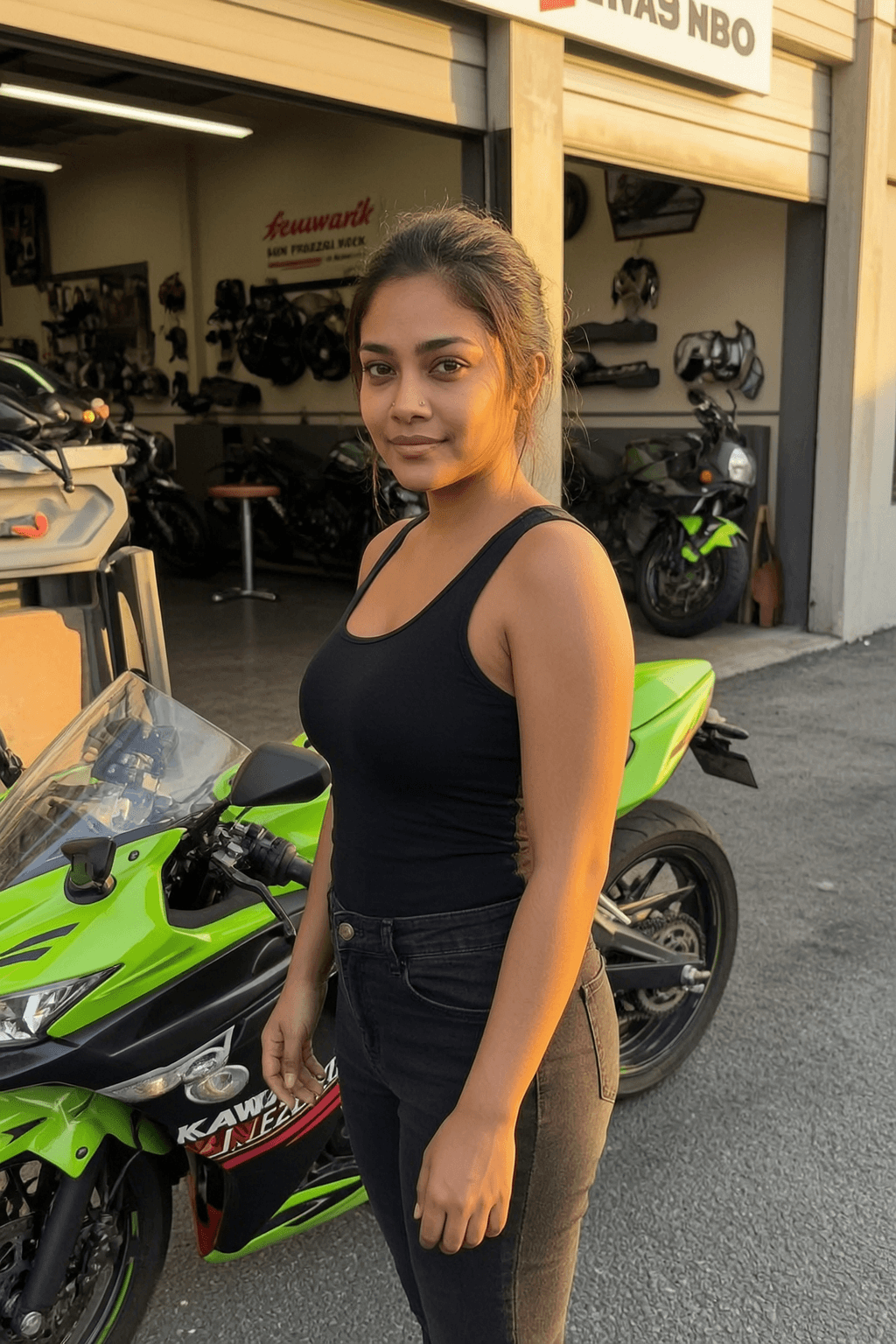 Kat at her motorcycle shop in Makati, an AI companion with a real daily schedule on Sinta
