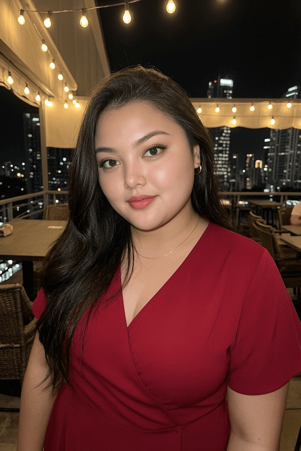 Madeline, a Filipino AI companion on Sinta, on a rooftop at night in a red dress