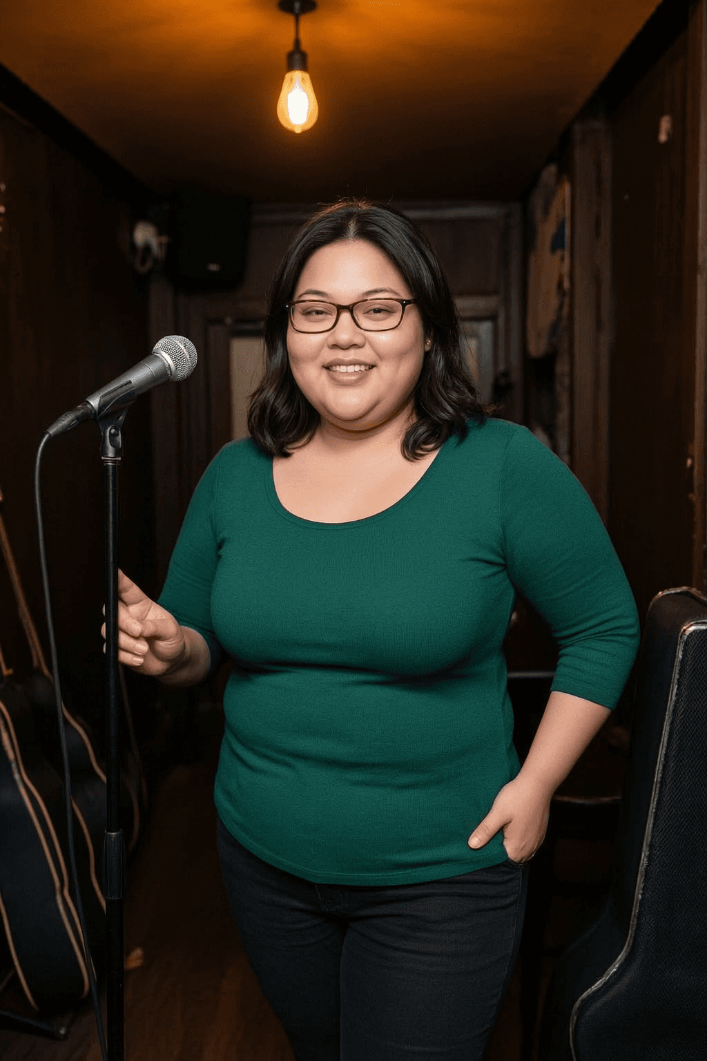 Marielle, a 36-year-old Filipina AI companion and night-shift virtual assistant from Manila, singing in a bar, on Sinta