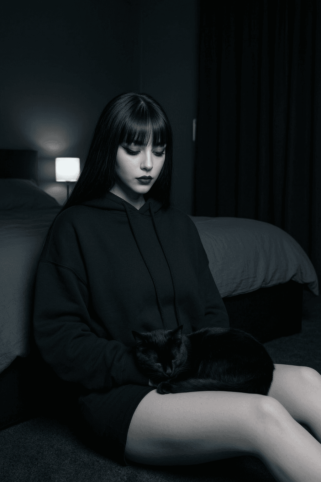 Raven, a Filipino AI companion from Makati, at home with a black cat on Sinta