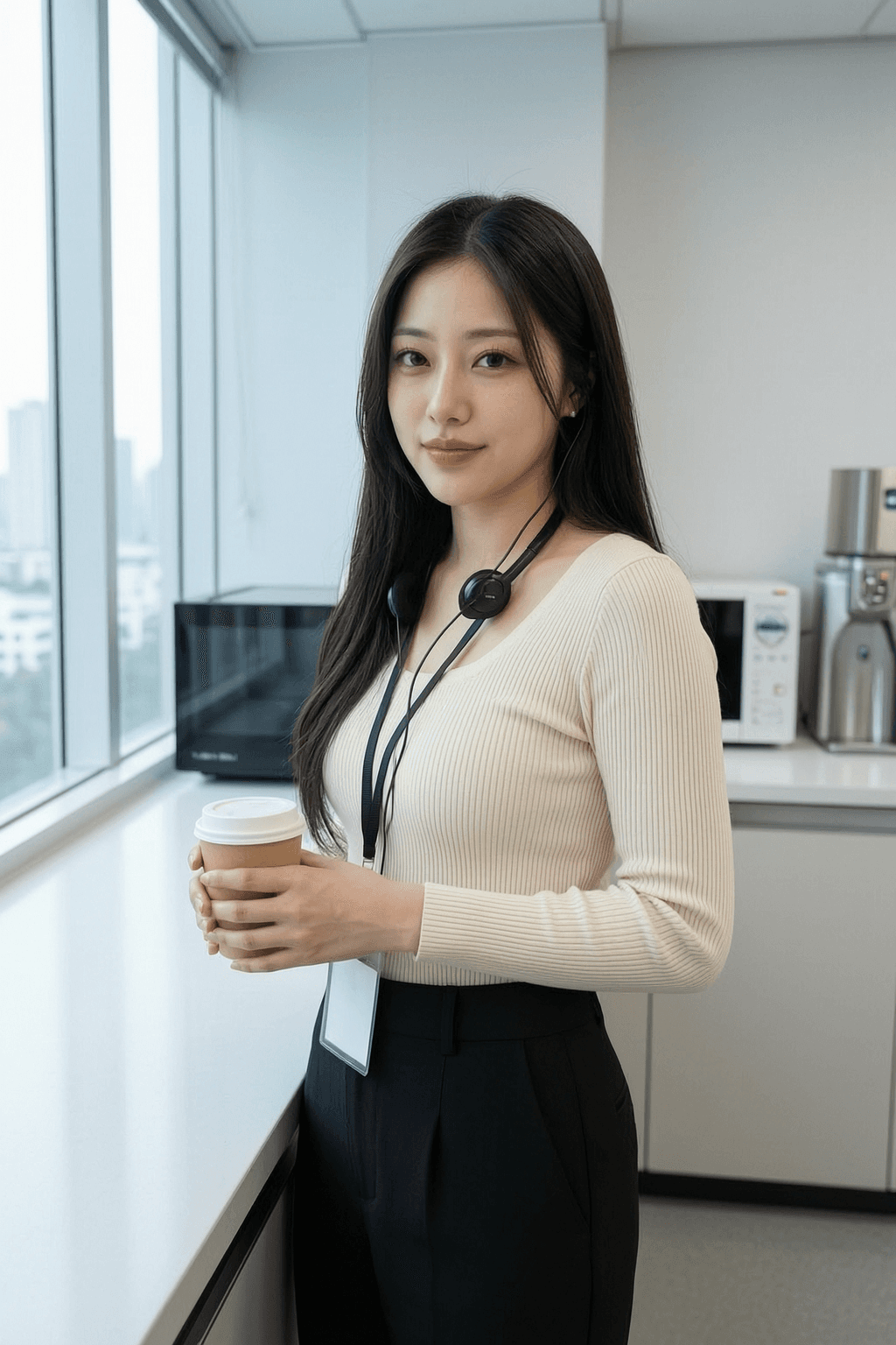 Yuna, an AI companion on Sinta, holding a coffee in her office pantry